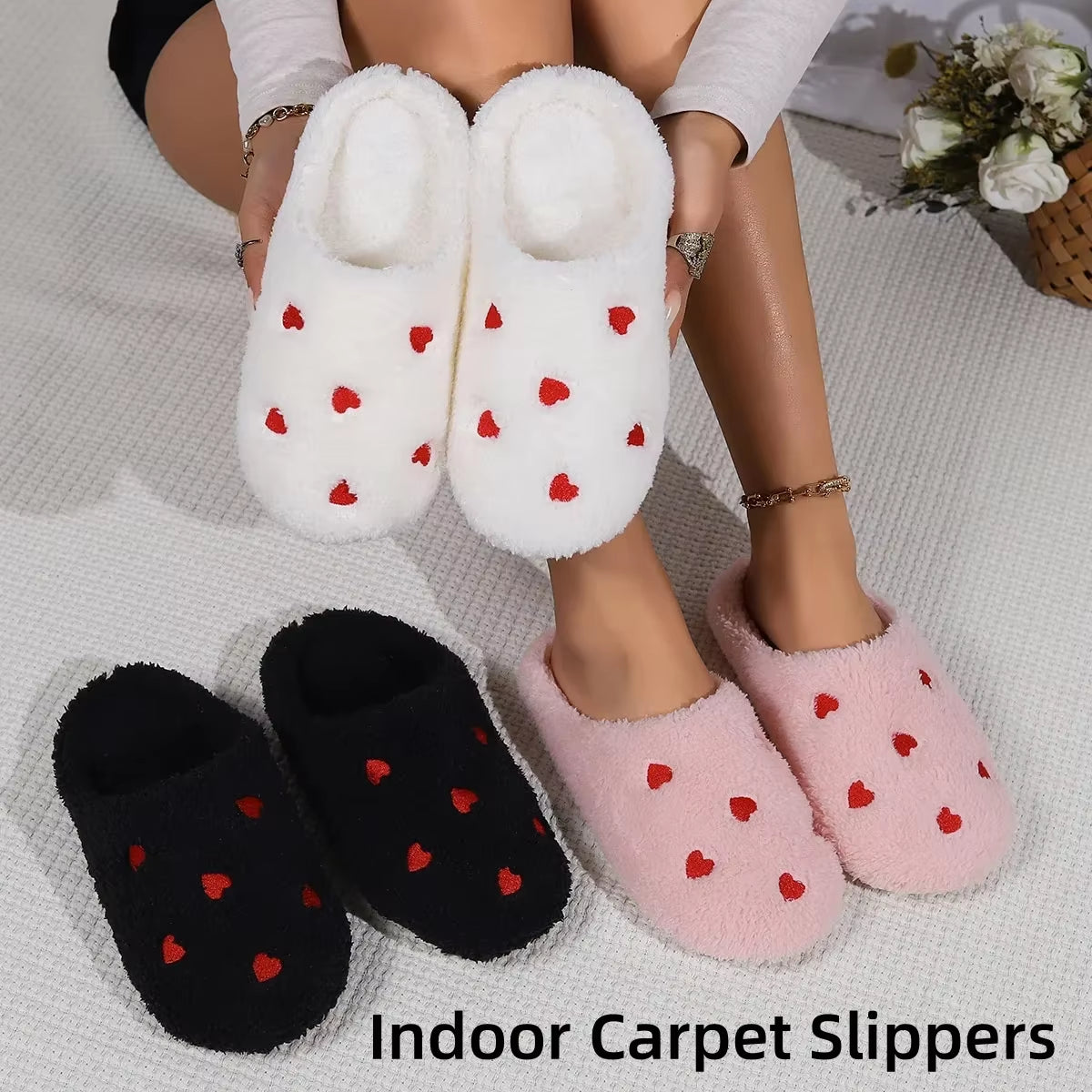 Winter Women'S Heart-Shaped Slippers Love Mute Soft Sole Shoes Indoor Comfortable Cute Silent Carpet Light Living Room