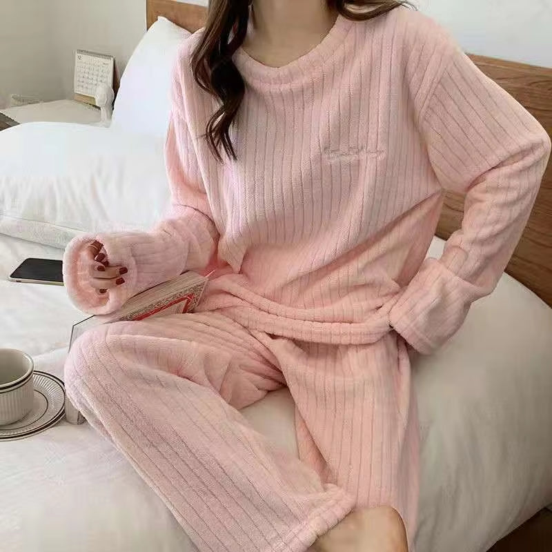 Autumn Women Solid Warm 2 Piece Sets Thicken Velvet Ribbed Fleece Set Pullover and Pants Women Casual Pajama Sets 2023