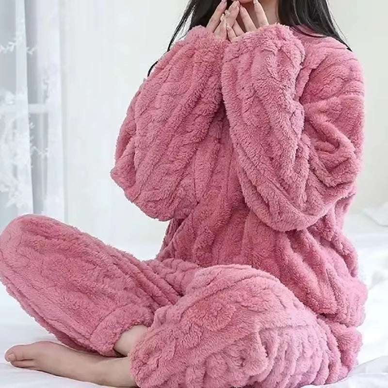 Autumn Women Solid Warm 2 Piece Sets Thicken Velvet Ribbed Fleece Set Pullover and Pants Women Casual Pajama Sets 2023