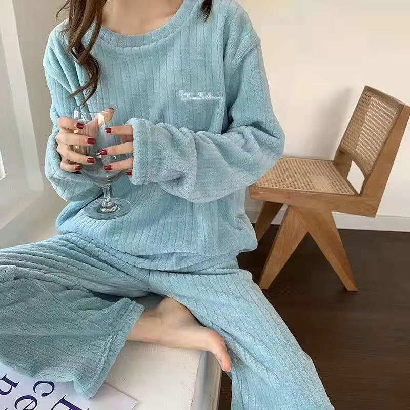 Autumn Women Solid Warm 2 Piece Sets Thicken Velvet Ribbed Fleece Set Pullover and Pants Women Casual Pajama Sets 2023