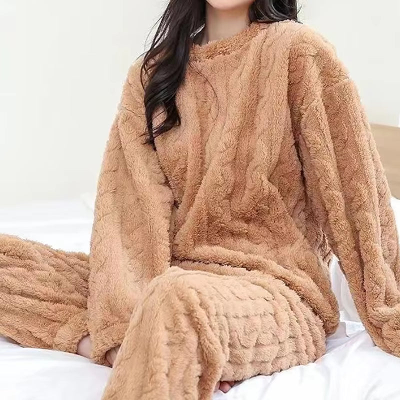 Autumn Women Solid Warm 2 Piece Sets Thicken Velvet Ribbed Fleece Set Pullover and Pants Women Casual Pajama Sets 2023