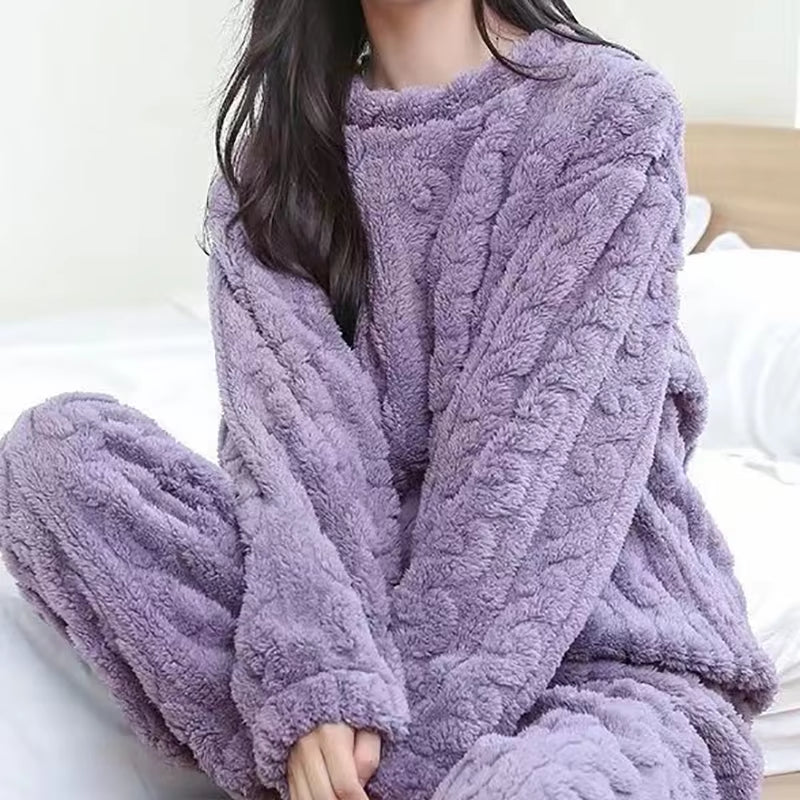 Autumn Women Solid Warm 2 Piece Sets Thicken Velvet Ribbed Fleece Set Pullover and Pants Women Casual Pajama Sets 2023